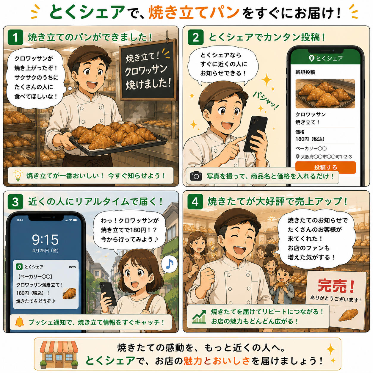 焼き立てを、すぐ届けようの4コマ漫画