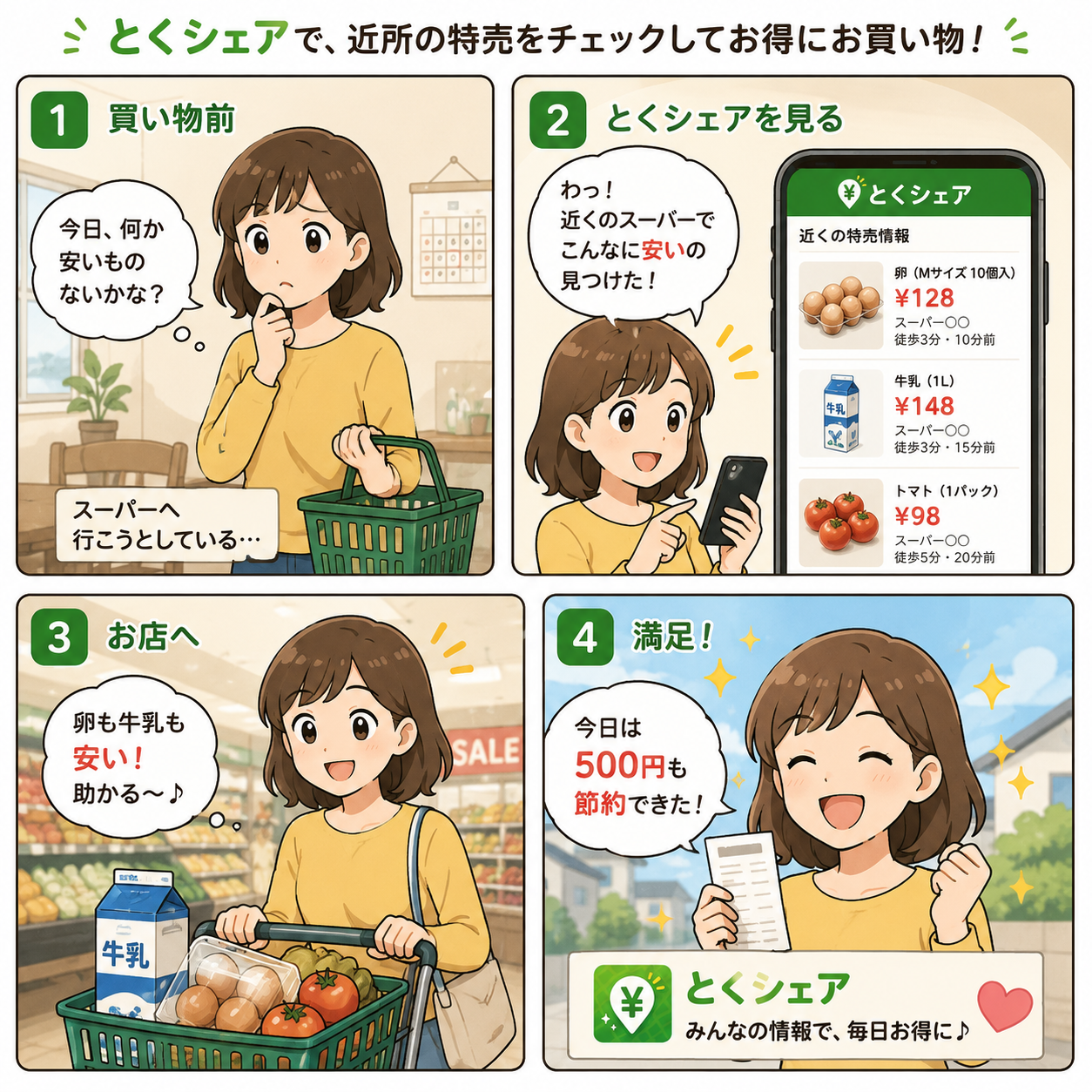 夕方の特売を見つけてお得にお買い物の4コマ漫画